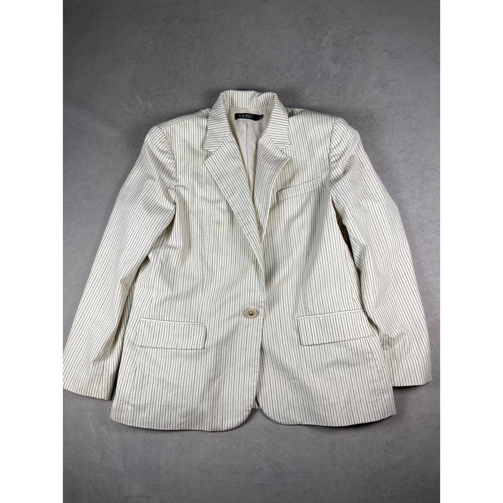 Lauren Ralph Lauren Mens Cream Black Pinstripe Wool Blend Blazer Jacket Size 18